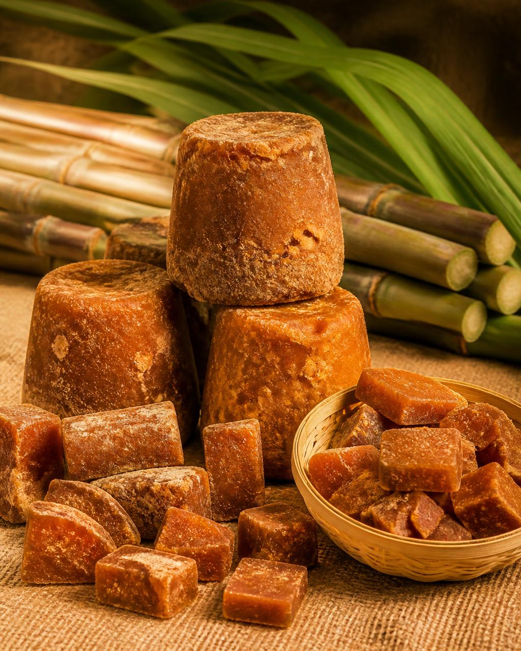 Golden jaggery blocks with raw sugarcane on warm linen